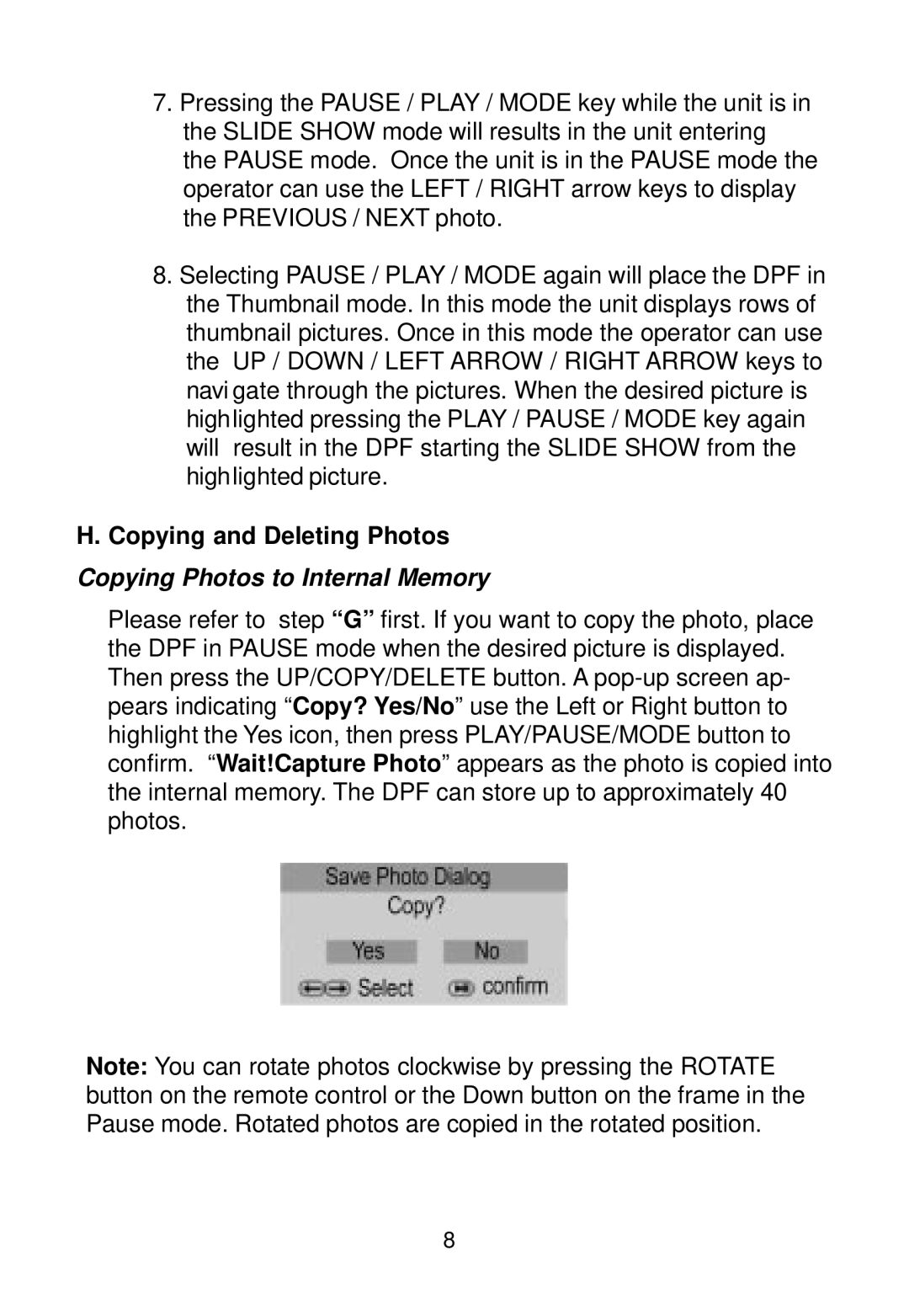 Audiovox DPF908 owner manual Copying and Deleting Photos, Copying Photos to Internal Memory 