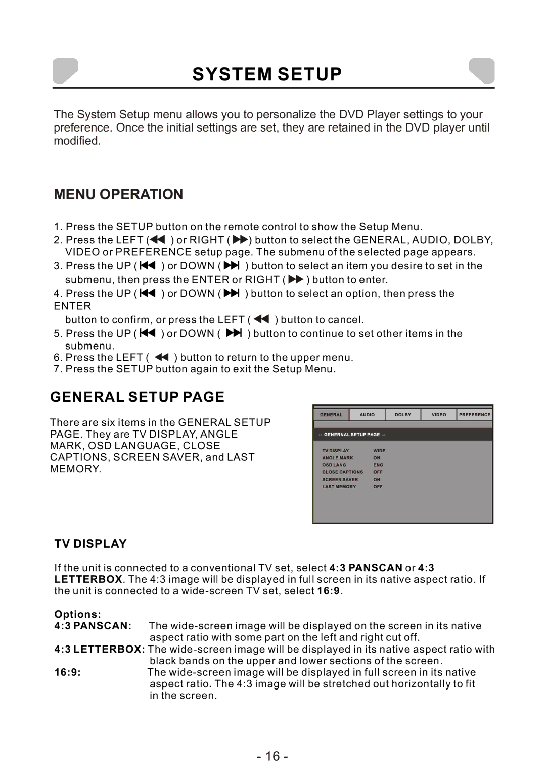 Audiovox DS7321 PK owner manual System Setup, Menu Operation, General Setup, TV Display 