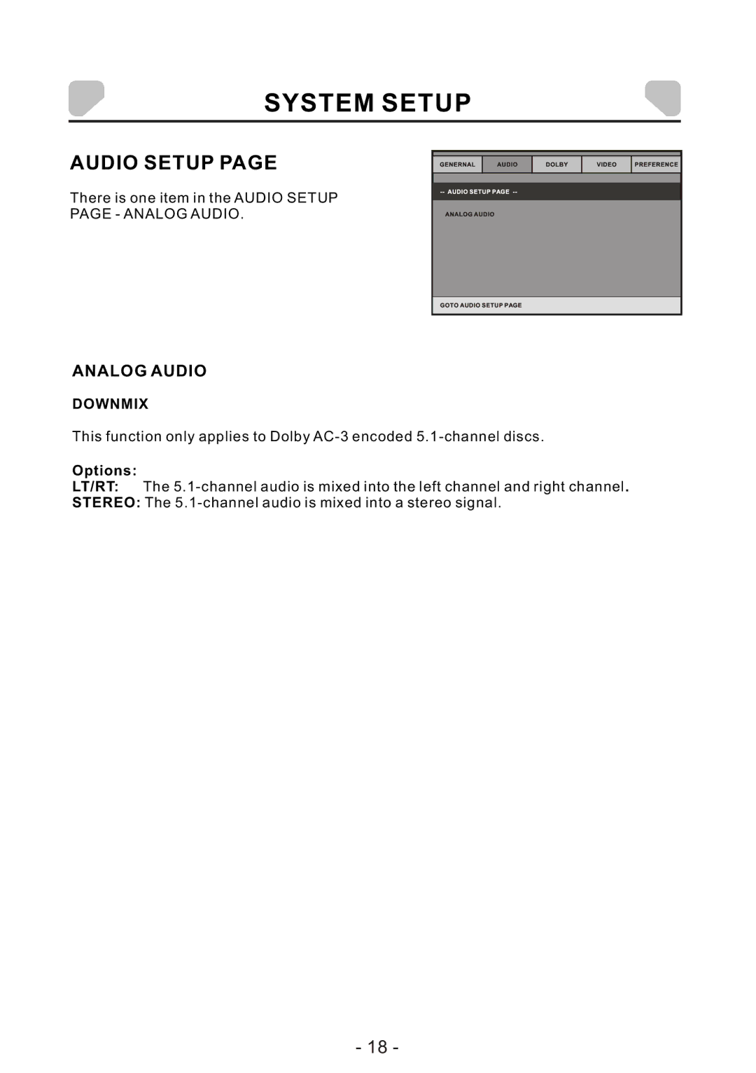 Audiovox DS7321 PK owner manual Audio Setup, Analog Audio 