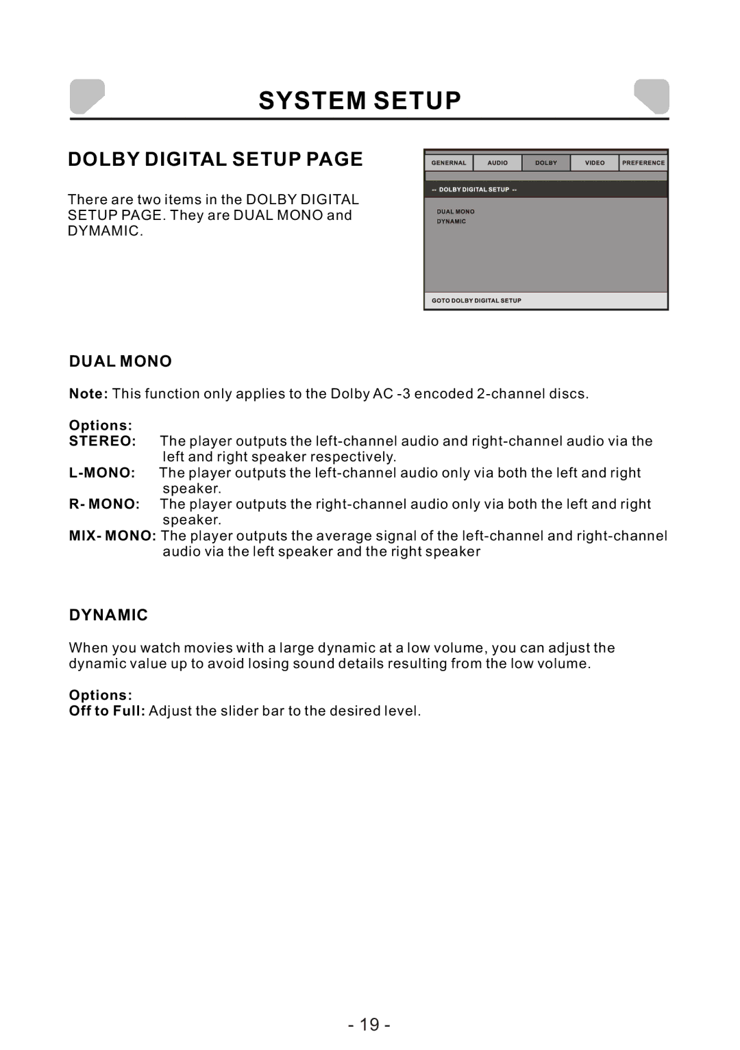 Audiovox DS7321 PK owner manual Dolby Digital Setup, Dual Mono, Dynamic 