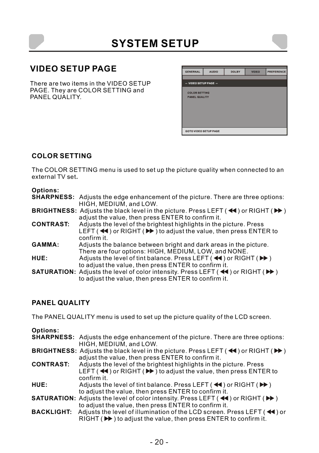 Audiovox DS7321 PK owner manual Video Setup, Color Setting, Panel Quality 