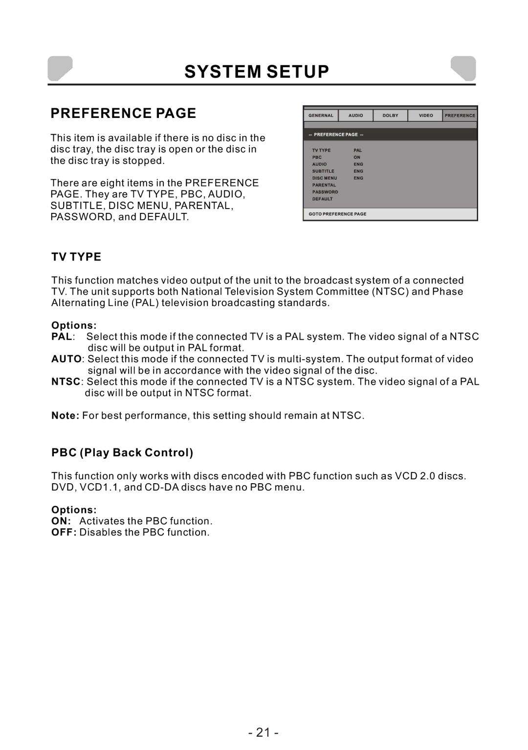 Audiovox DS7321 PK owner manual Preference, TV Type 