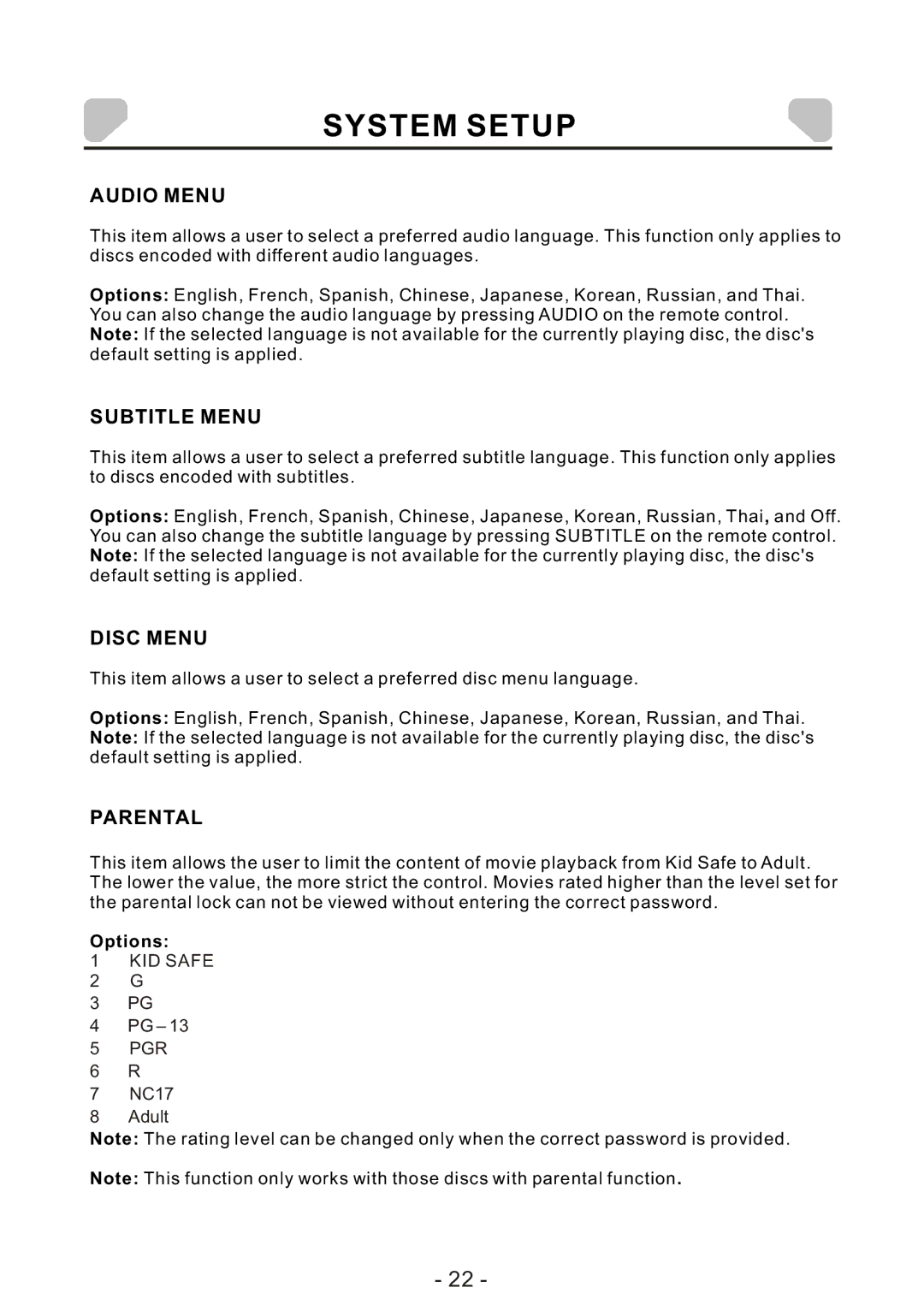 Audiovox DS7321 PK owner manual Audio Menu, Subtitle Menu, Disc Menu, Parental 