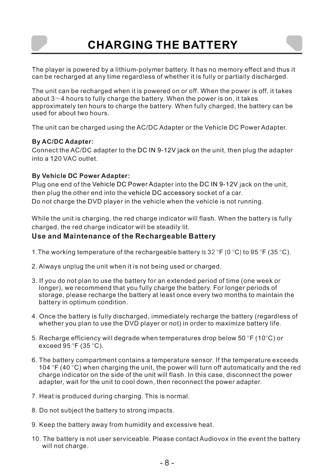 Audiovox DS7321 PK owner manual Charging the Battery, Use and Maintenance of the Rechargeable Battery 