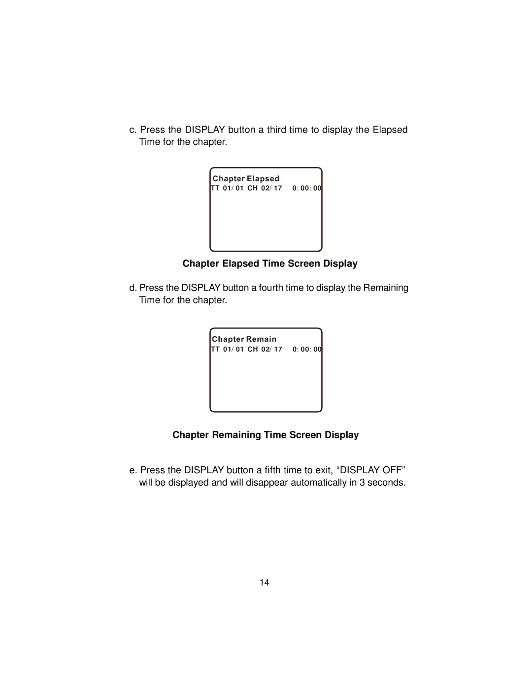 Audiovox DS9106PK manual Chapter Elapsed Time Screen Display, Chapter Remaining Time Screen Display 