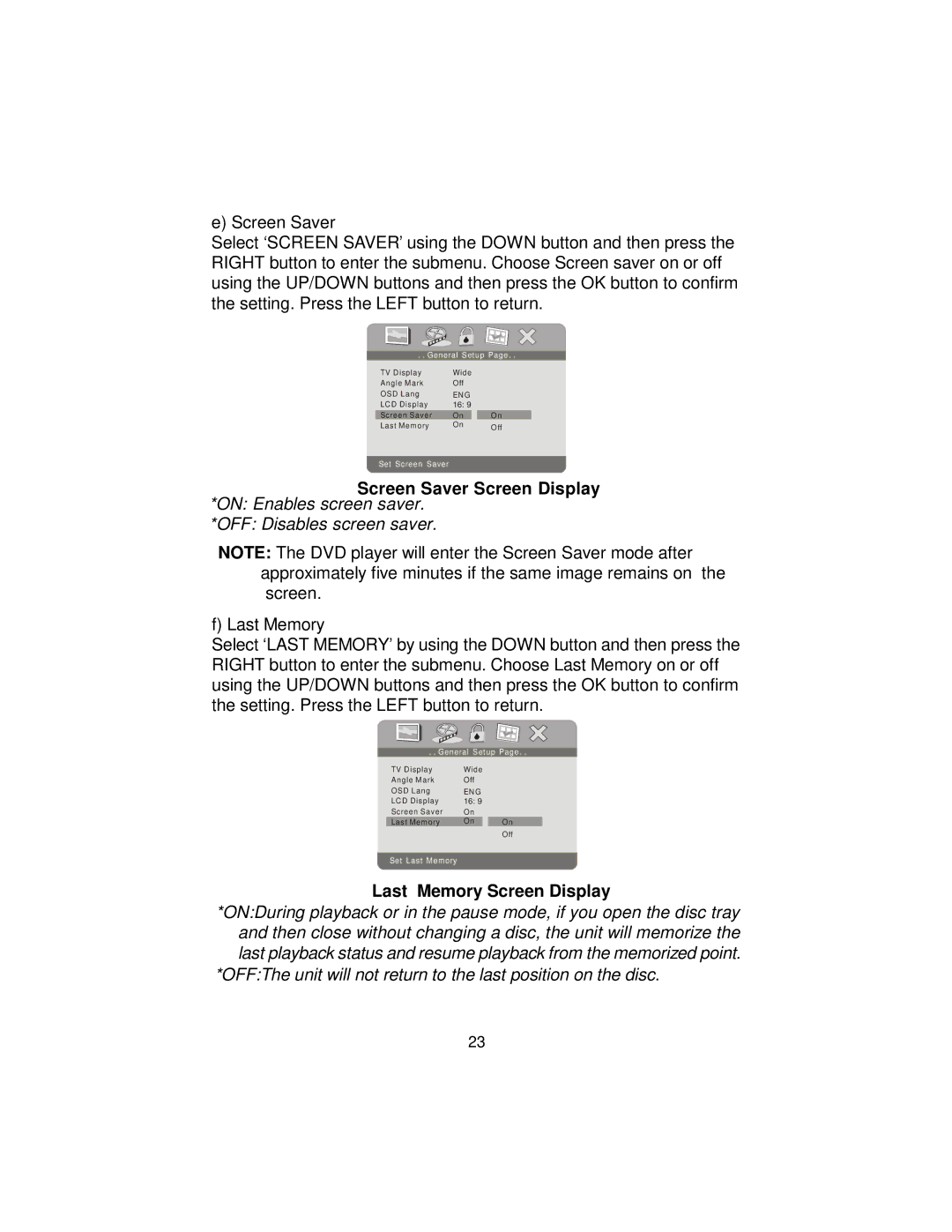 Audiovox DS9106PK manual Screen Saver Screen Display *ON Enables screen saver, Last Memory Screen Display 