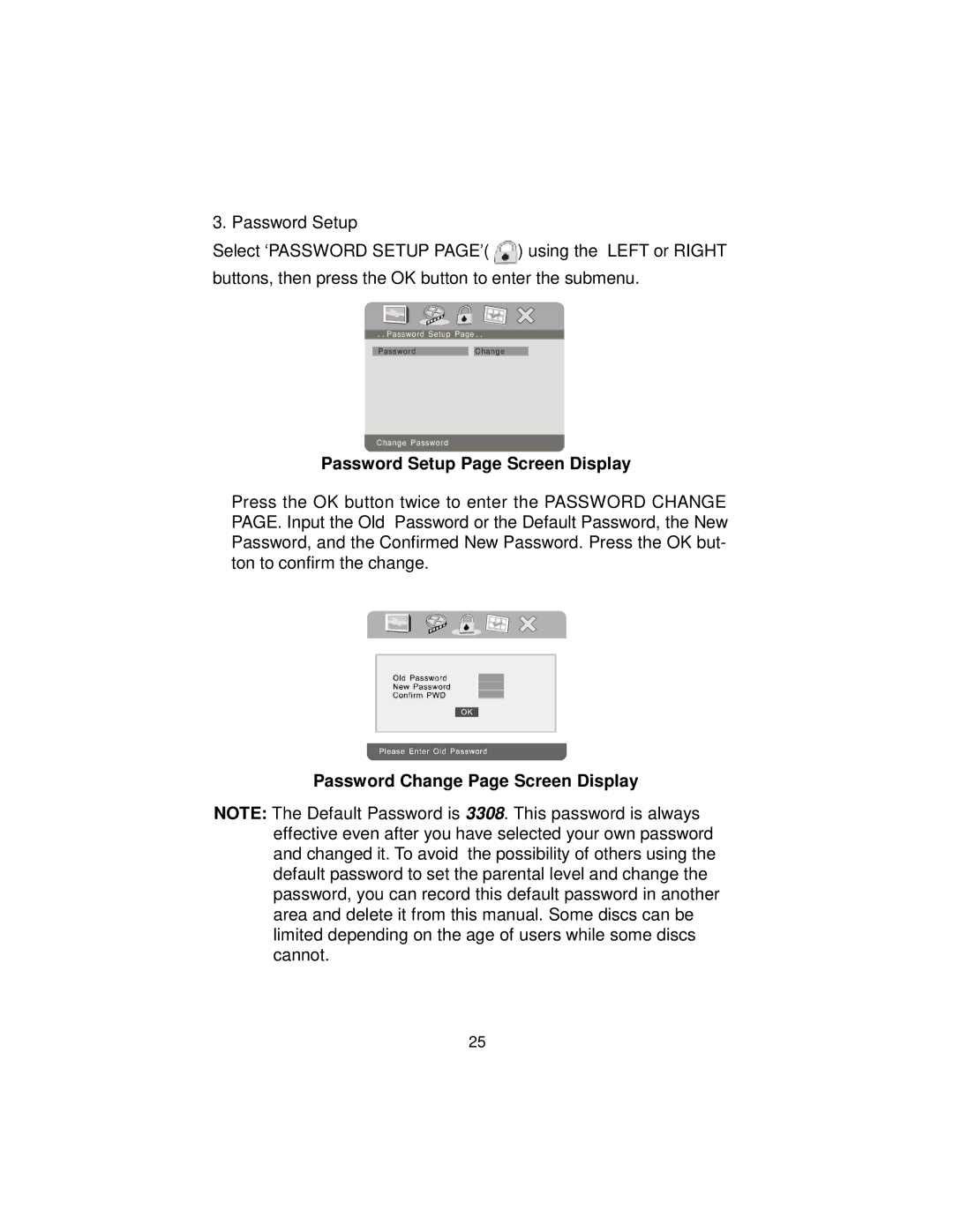 Audiovox DS9106PK manual Password Setup Page Screen Display, Password Change Page Screen Display 