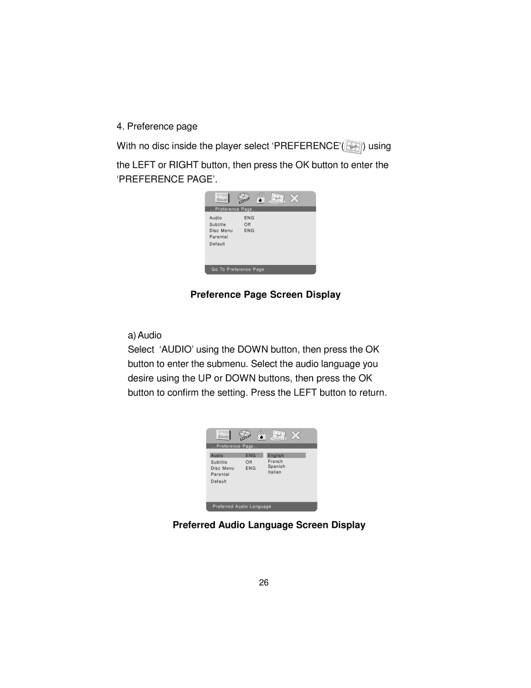 Audiovox DS9106PK manual Preference Page Screen Display, Preferred Audio Language Screen Display 