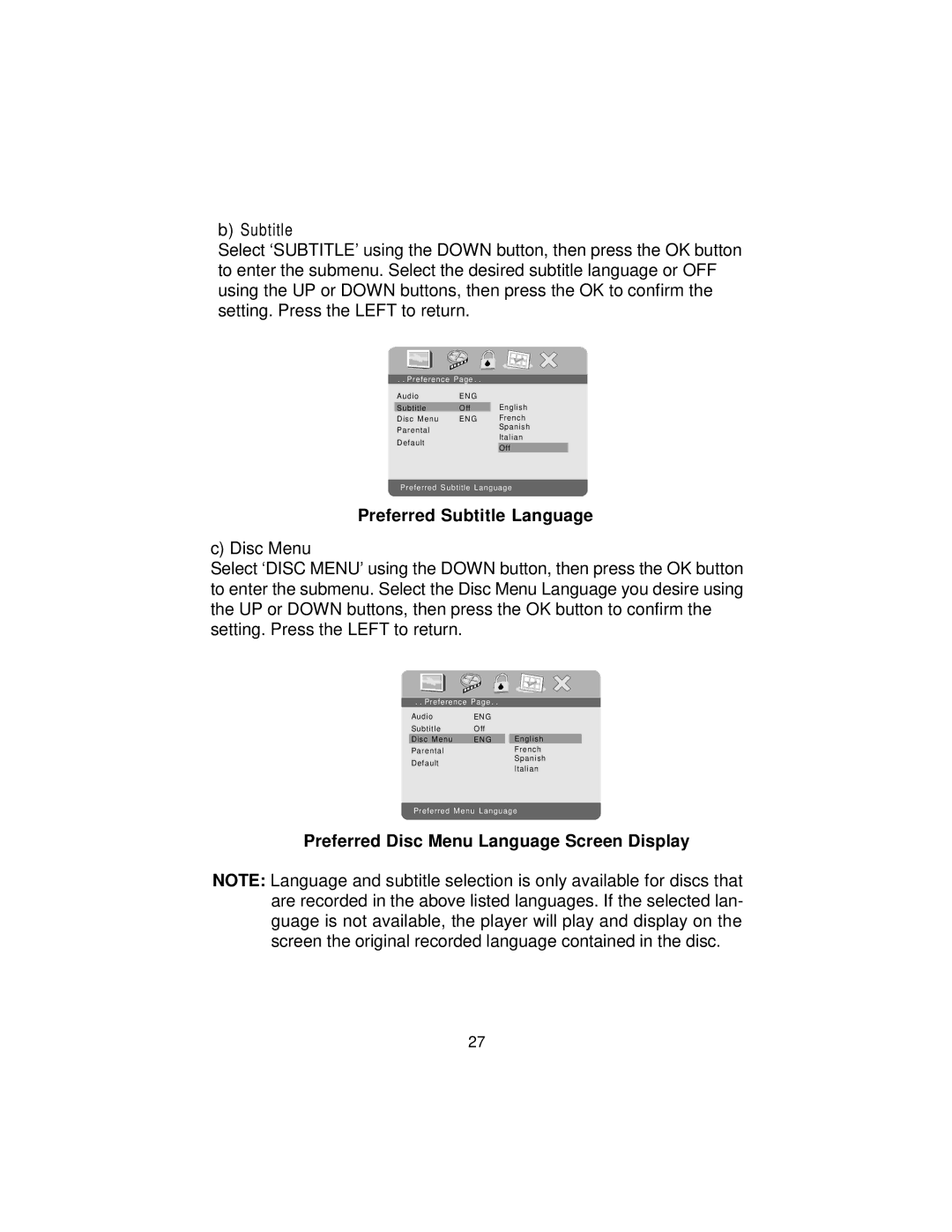 Audiovox DS9106PK manual Preferred Subtitle Language, Preferred Disc Menu Language Screen Display 