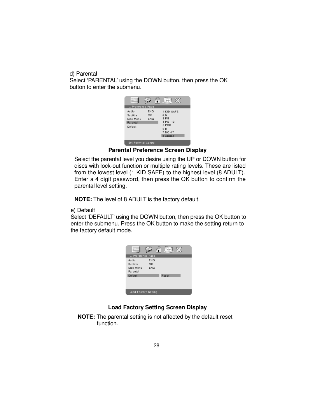 Audiovox DS9106PK manual Parental Preference Screen Display, Load Factory Setting Screen Display 
