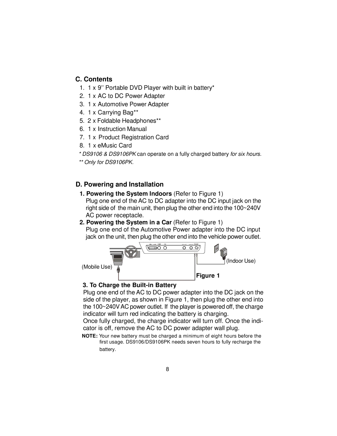 Audiovox DS9106PK manual Contents, Powering and Installation 