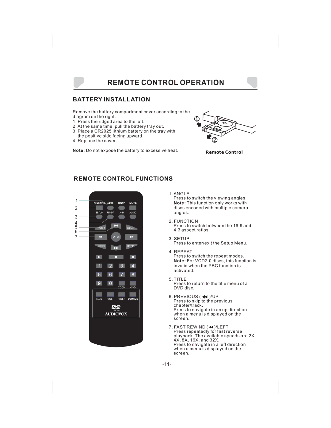 Audiovox DS9343TPK owner manual Remote Control Operation, Battery Installation, Remote Control Functions 