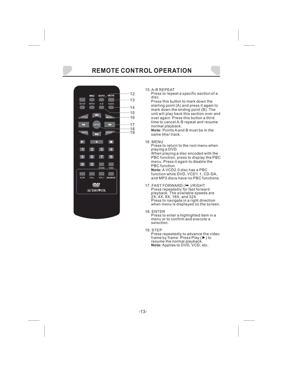 Audiovox DS9343TPK owner manual B Repeat, Fast Forward /RIGHT, Enter 