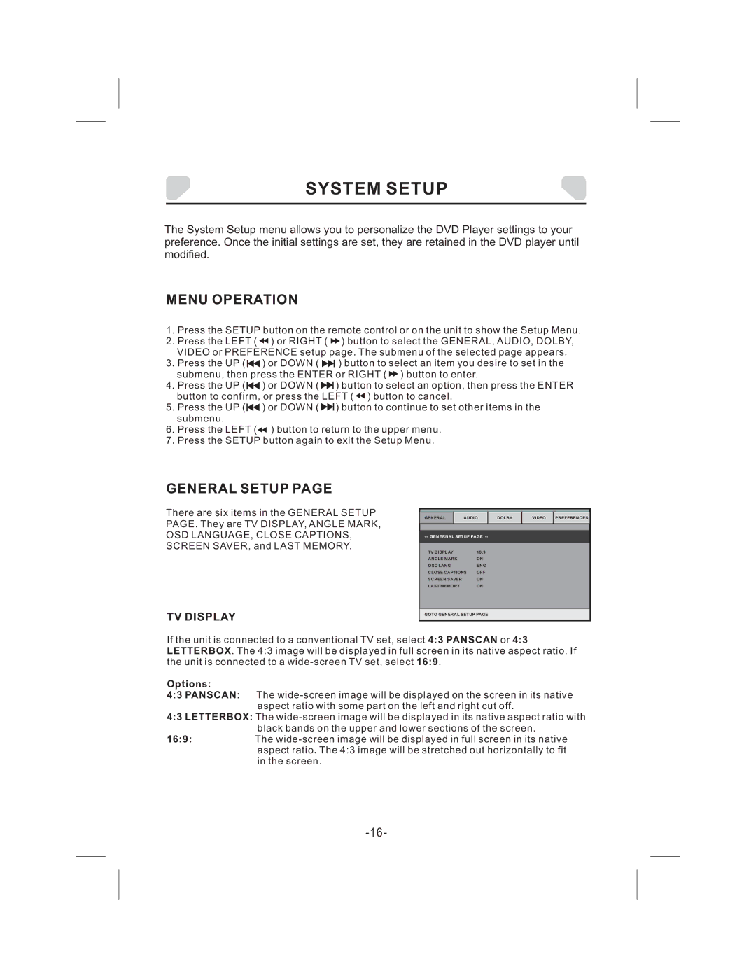 Audiovox DS9343TPK owner manual System Setup, Menu Operation, General Setup, TV Display 