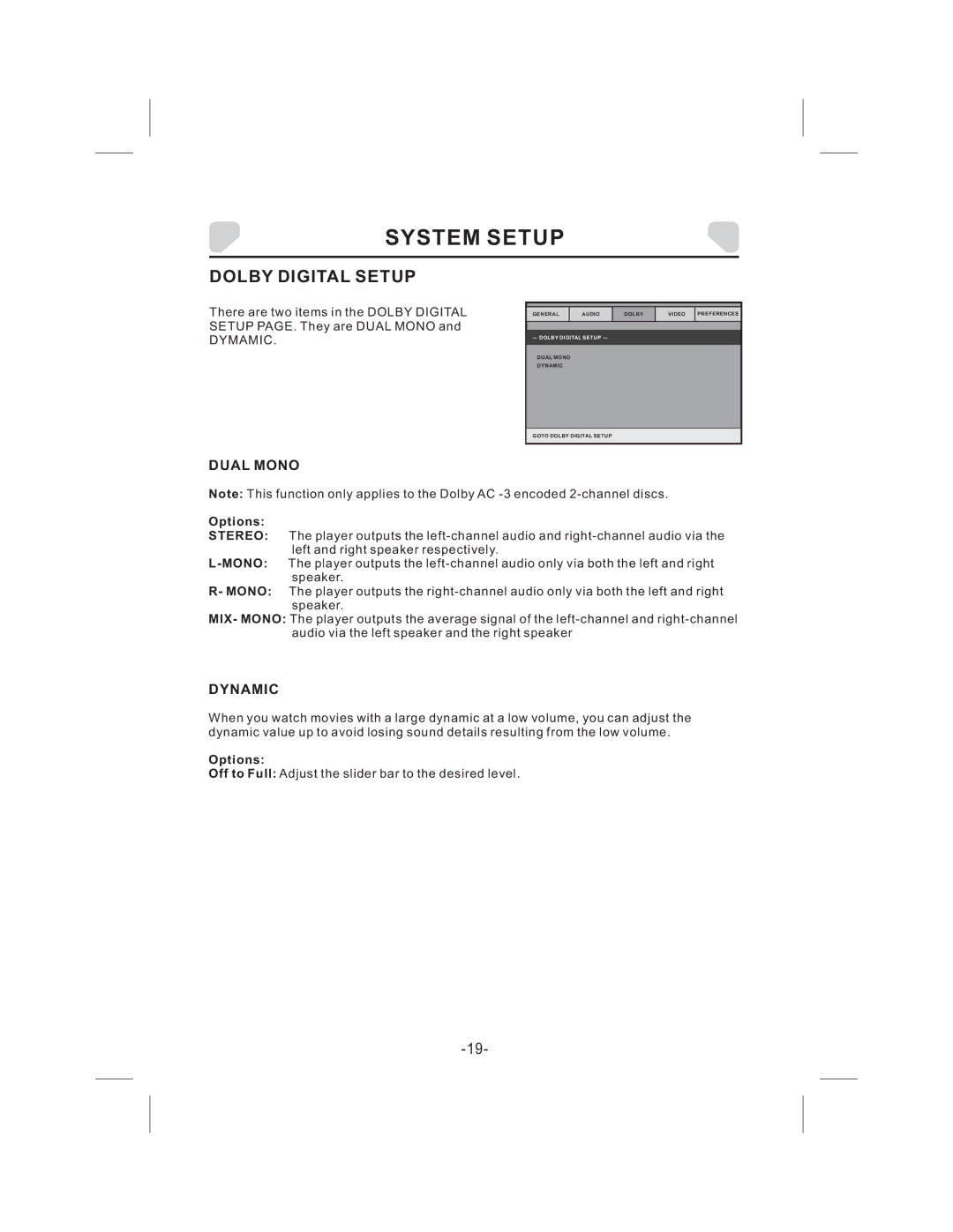 Audiovox DS9343TPK owner manual Dolby Digital Setup, Dual Mono, Dynamic, Dymamic 