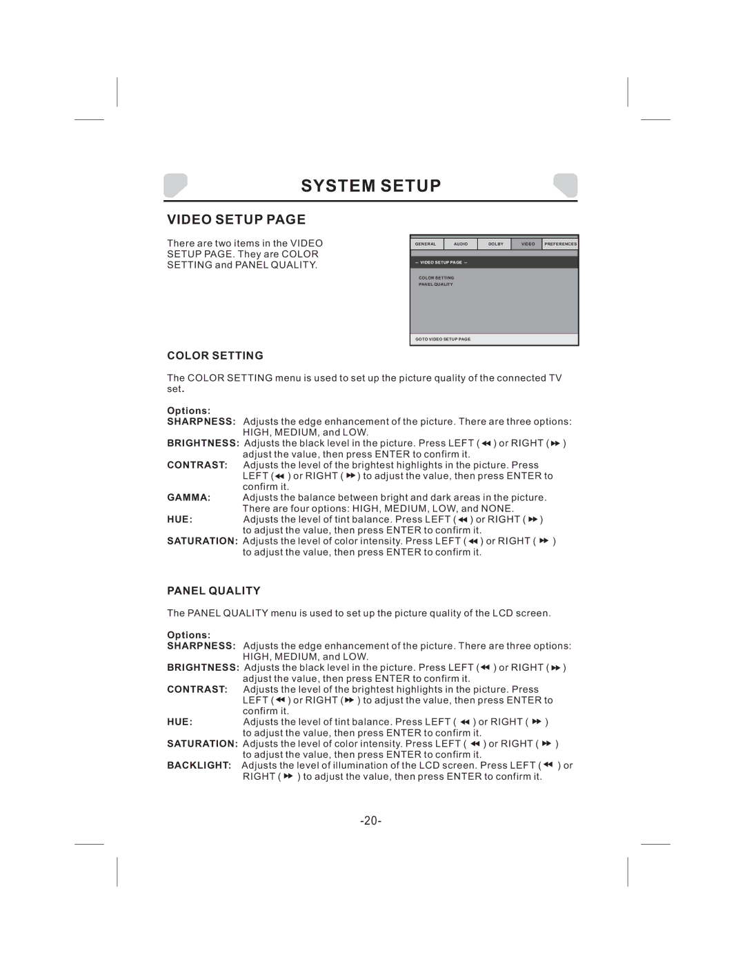 Audiovox DS9343TPK owner manual Video Setup, Color Setting, Panel Quality 