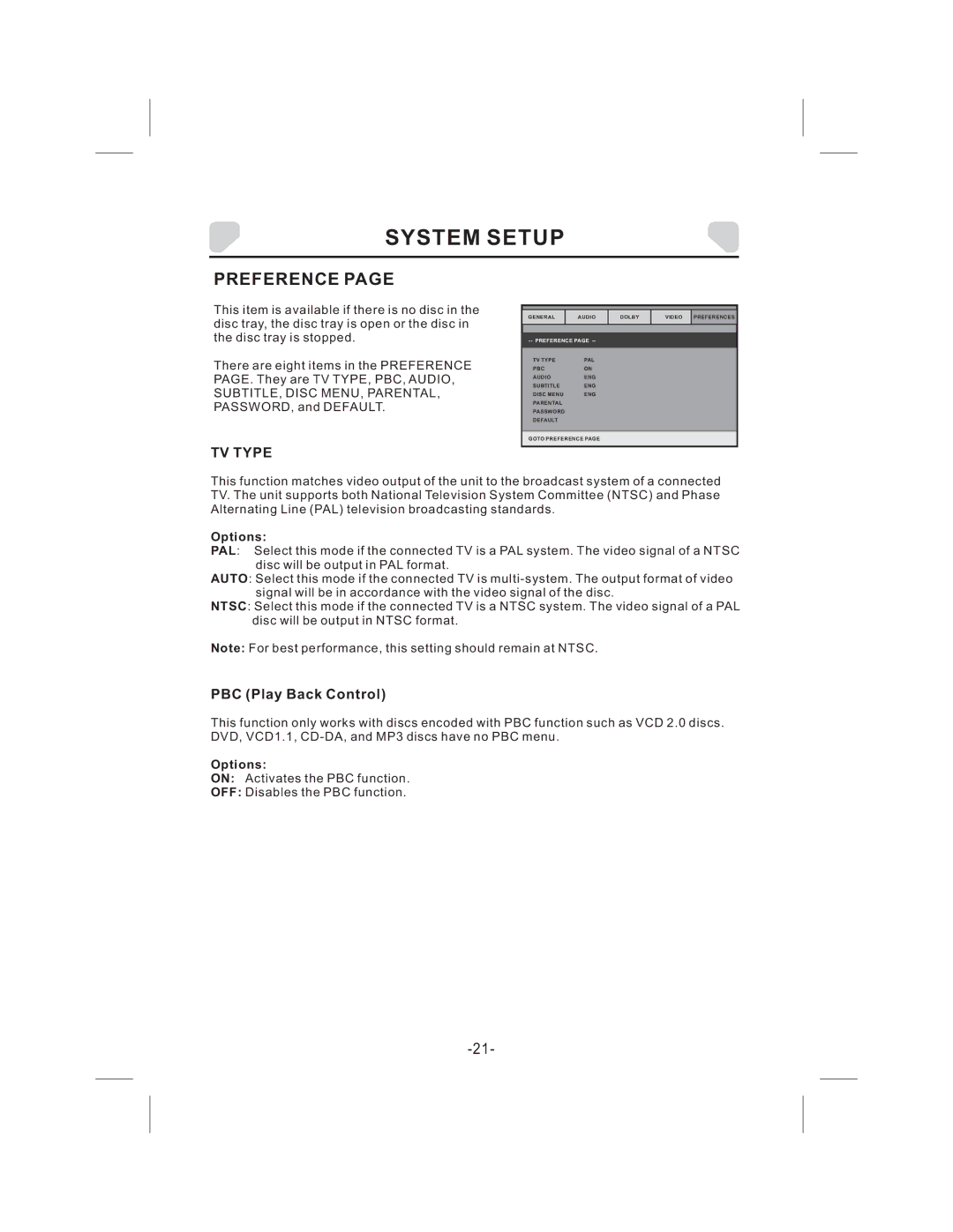 Audiovox DS9343TPK owner manual Preference, TV Type, PBC Play Back Control 