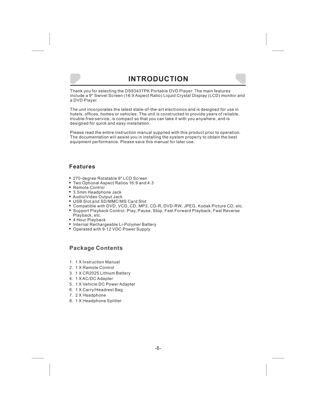 Audiovox DS9343TPK owner manual Introduction, Package Contents 