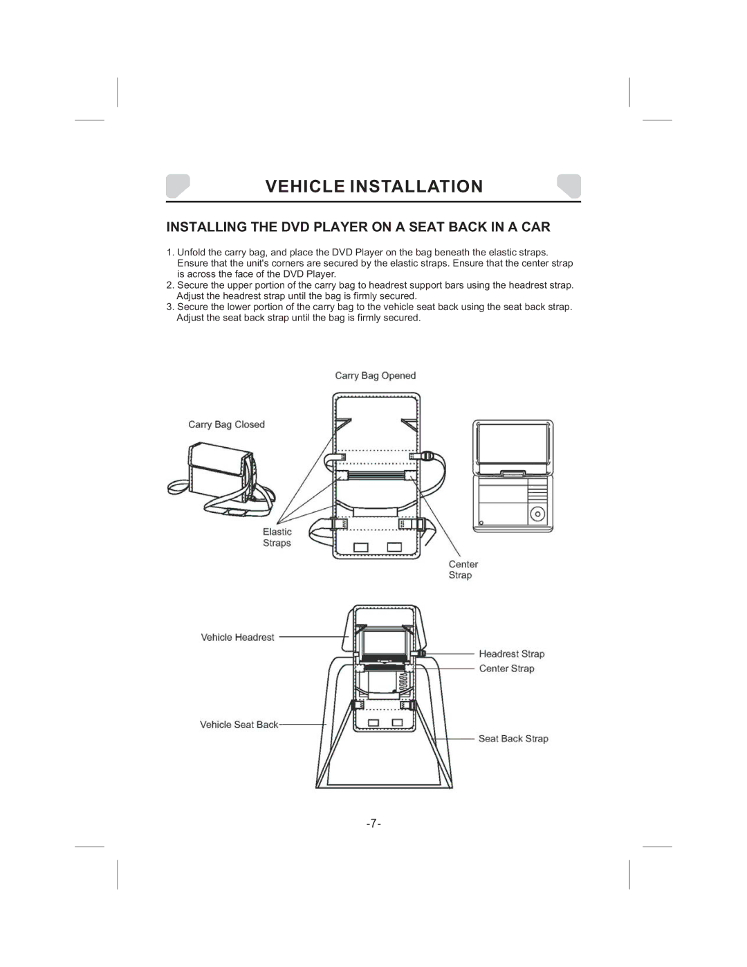 Audiovox DS9343TPK owner manual Vehicle Installation, Installing the DVD Player on a Seat Back in a CAR 