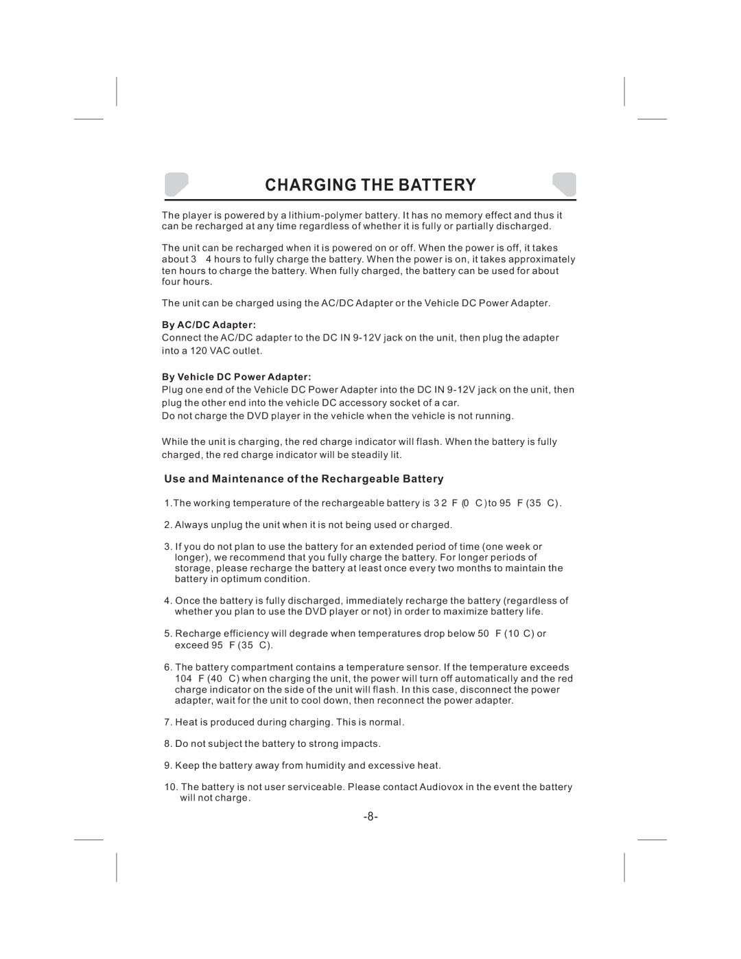 Audiovox DS9343TPK owner manual Charging the Battery, Use and Maintenance of the Rechargeable Battery, By AC/DC Adapter 