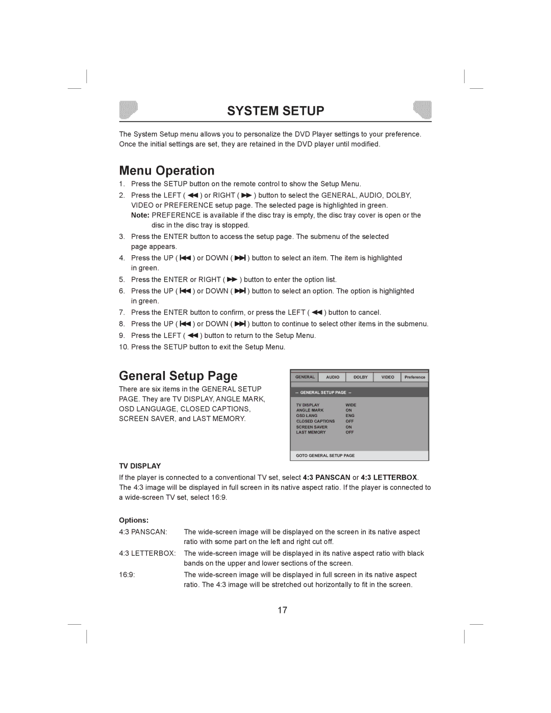 Audiovox DS9843T owner manual System Setup, Menu Operation, General Setup, TV Display, Options 