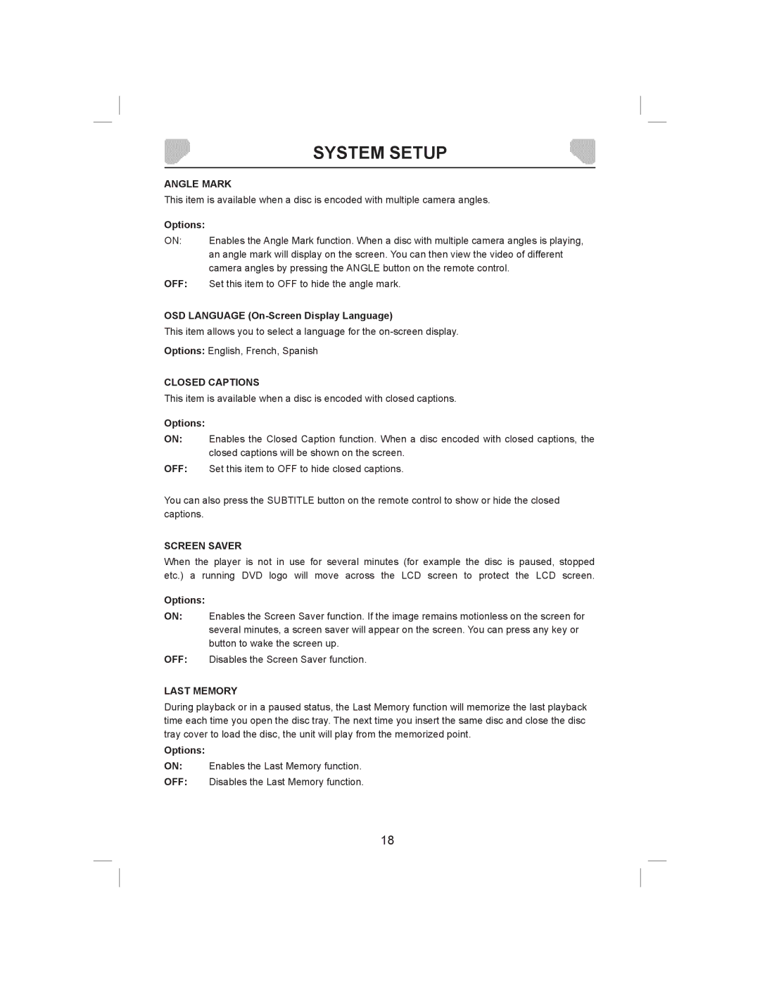 Audiovox DS9843T owner manual Angle Mark, Off, Closed Captions, Screen Saver, Last Memory 