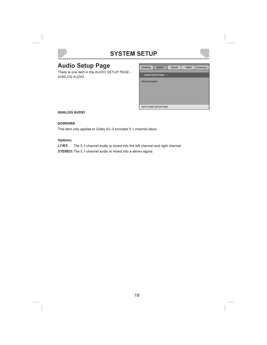 Audiovox DS9843T owner manual Audio Setup, Analog Audio Downmix 