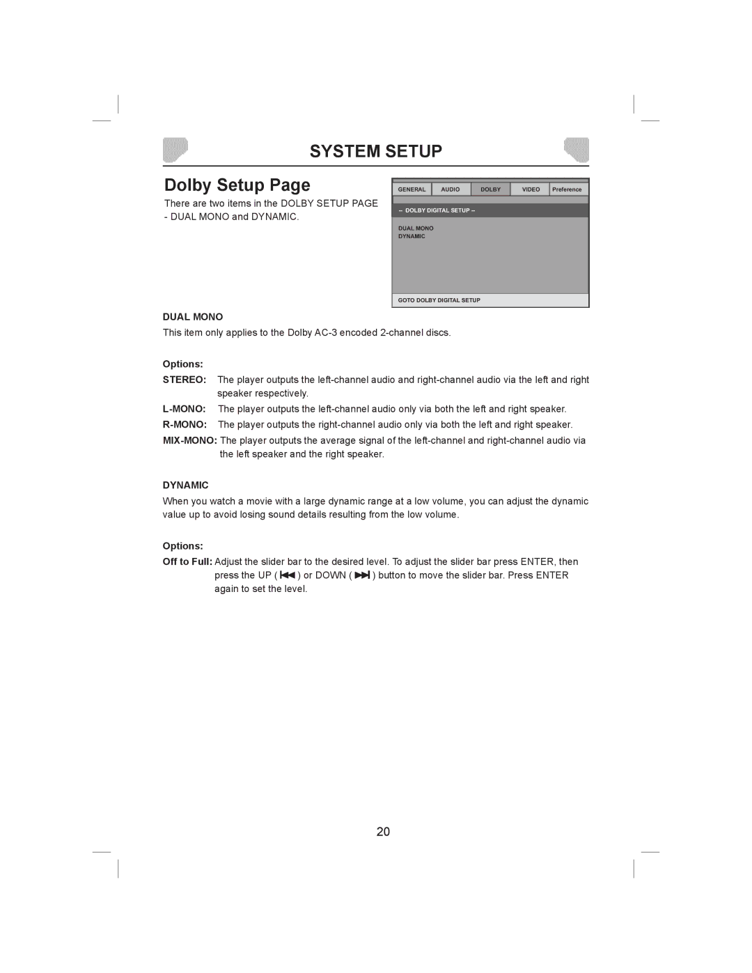 Audiovox DS9843T owner manual Dolby Setup, Dual Mono, Dynamic 