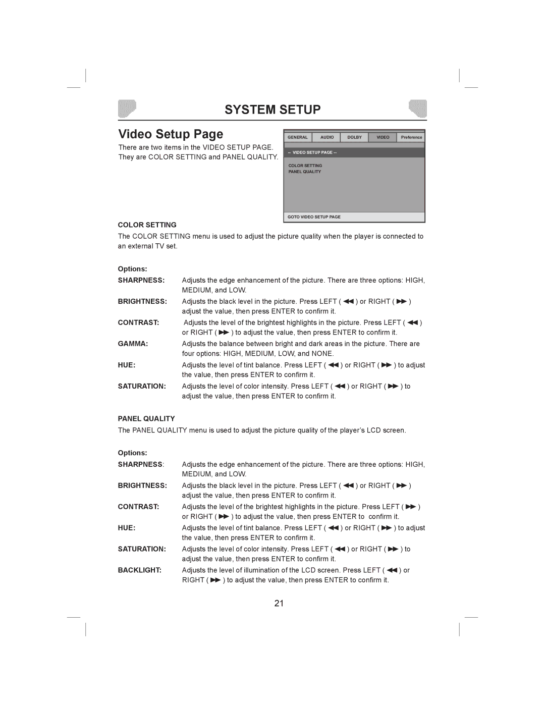 Audiovox DS9843T owner manual Video Setup, Color Setting, Panel Quality 