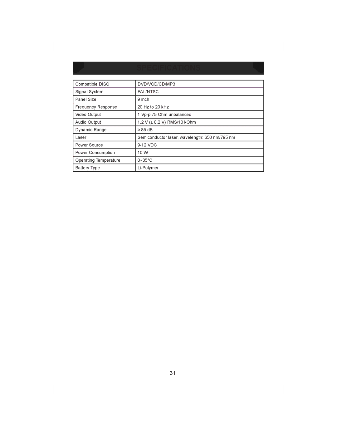 Audiovox DS9843T owner manual Specifications, DVD/VCD/CD/MP3, Pal/Ntsc 