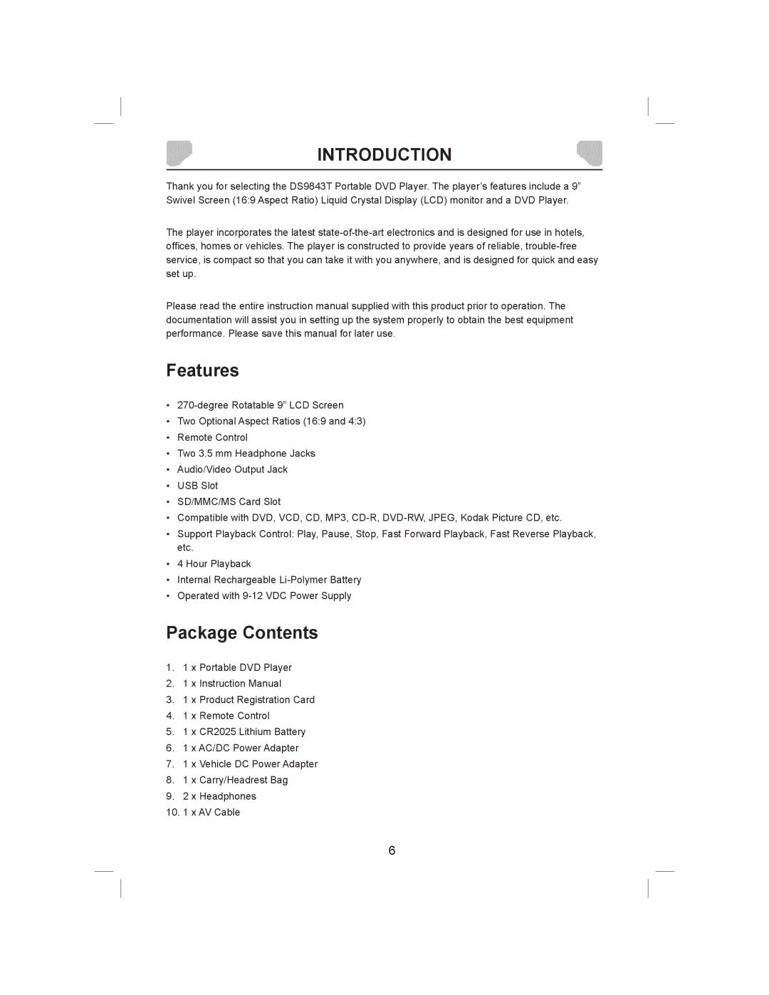 Audiovox DS9843T owner manual Introduction, Features, Package Contents 