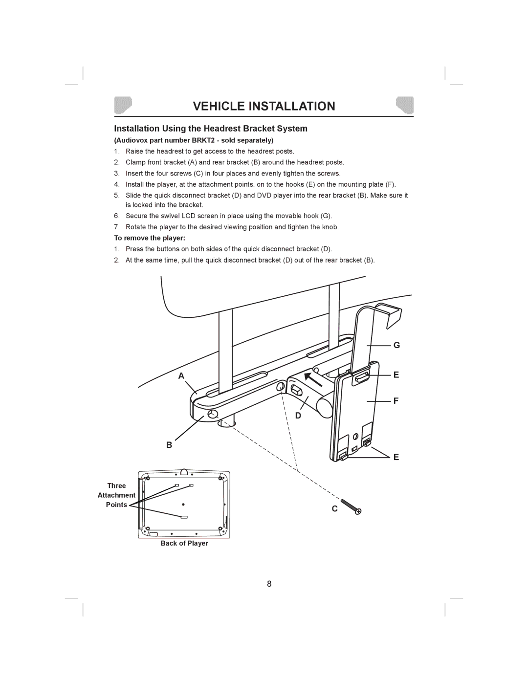 Audiovox DS9843T owner manual Installation Using the Headrest Bracket System, Audiovox part number BRKT2 sold separately 