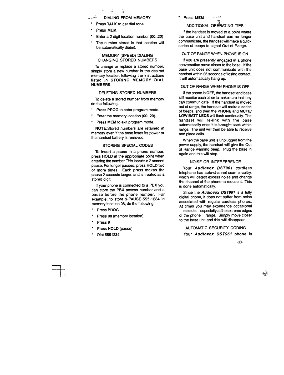 Audiovox DST 961 manual Dialing from Memory, Memory Speed Dialing Changing Stored Numbers, Deleting Stored Numbers 