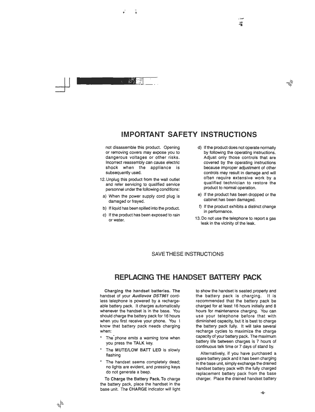 Audiovox DST 961 manual Important Safety Instructions, Replacing the Handset Battery Pack 