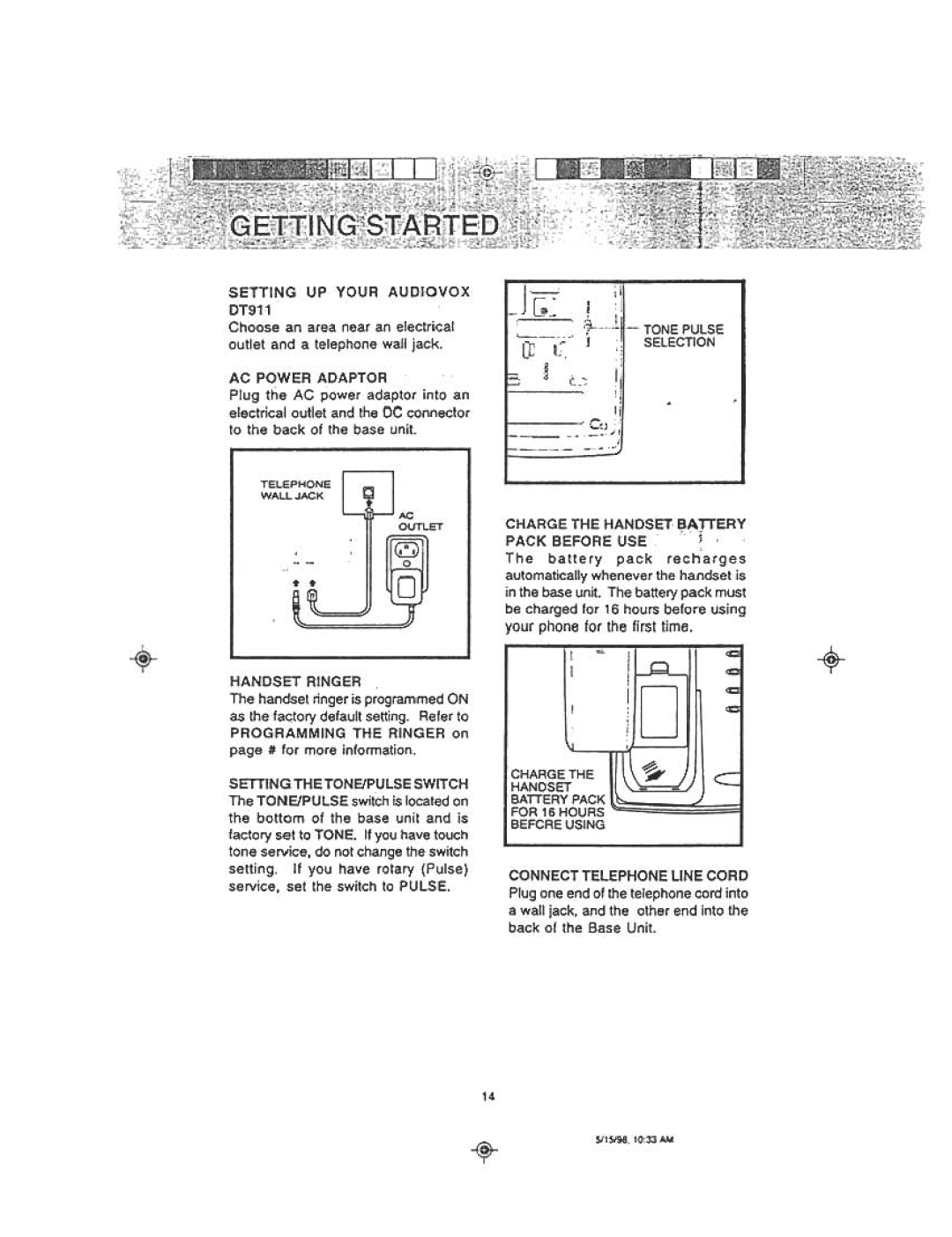 Audiovox DT 911 manual Setting UP Your Audiovox DT911, AC Power Adaptor, Handset Ringer, Charge the Handset Battery 