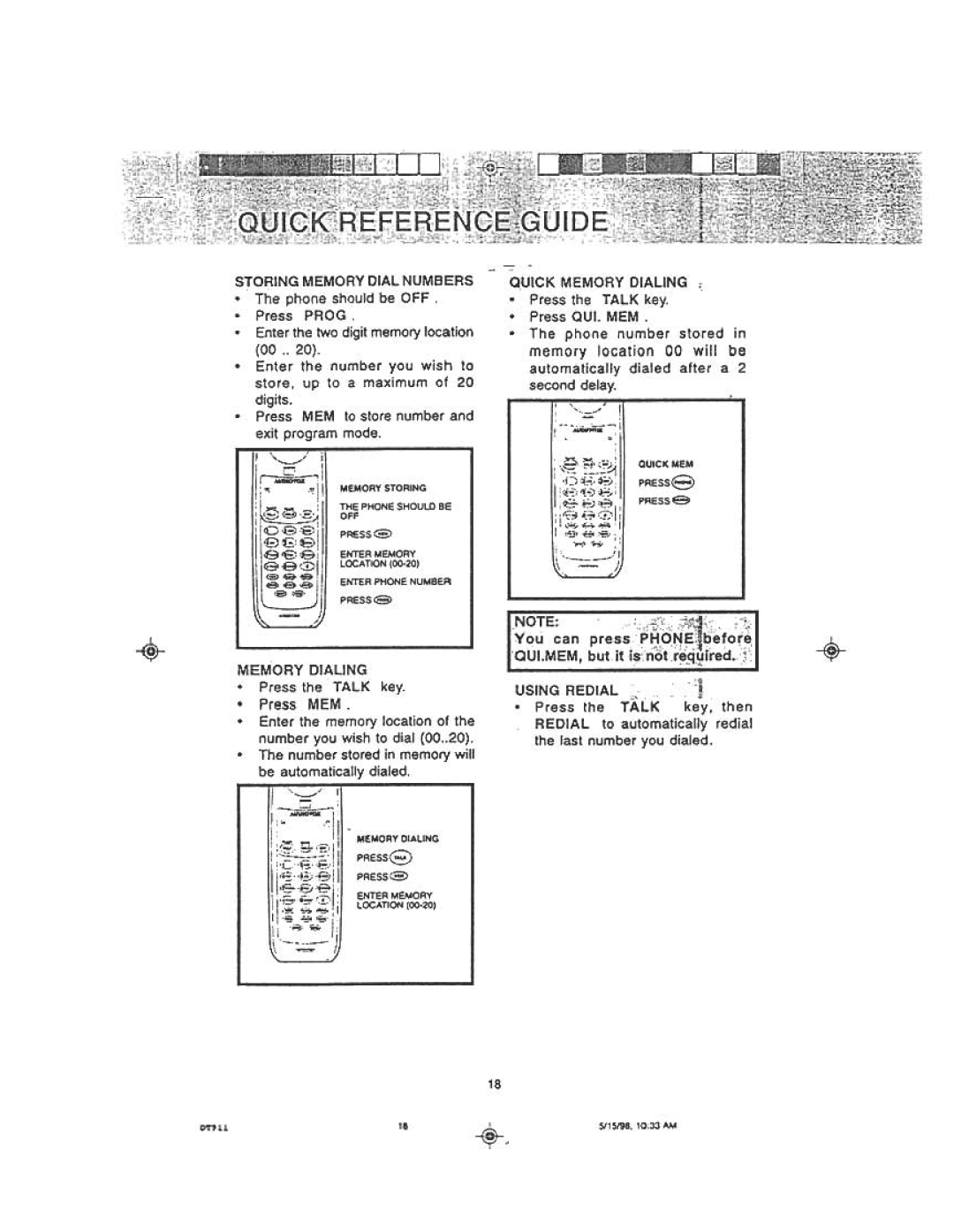 Audiovox DT 911 manual Storing Memory Dial Numbers, Memory Dialing, Talk, Using Redial 