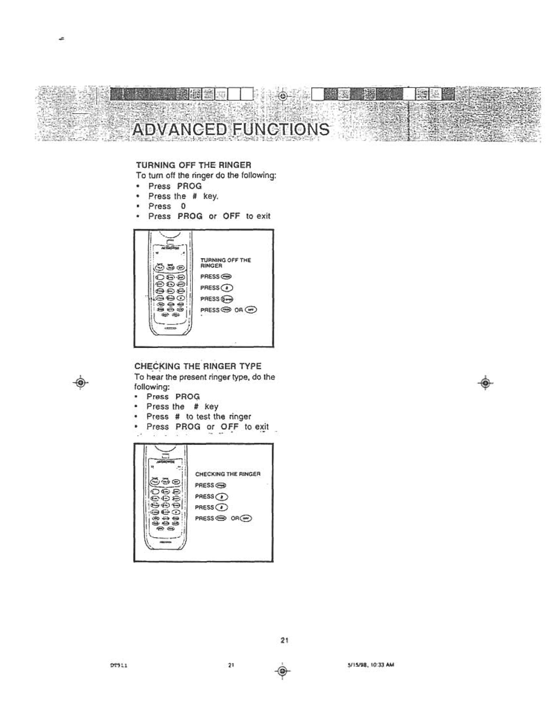 Audiovox DT 911 manual Turning OFF the Ringer, Prog 