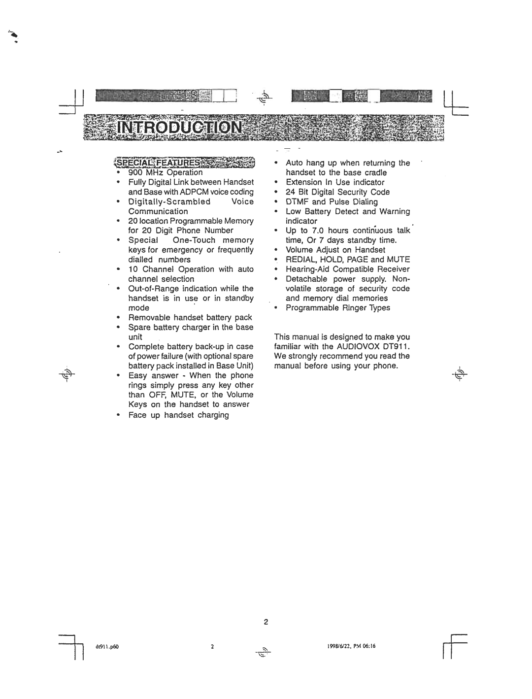 Audiovox DT 911 manual =-~... -1=, Redial Hold 