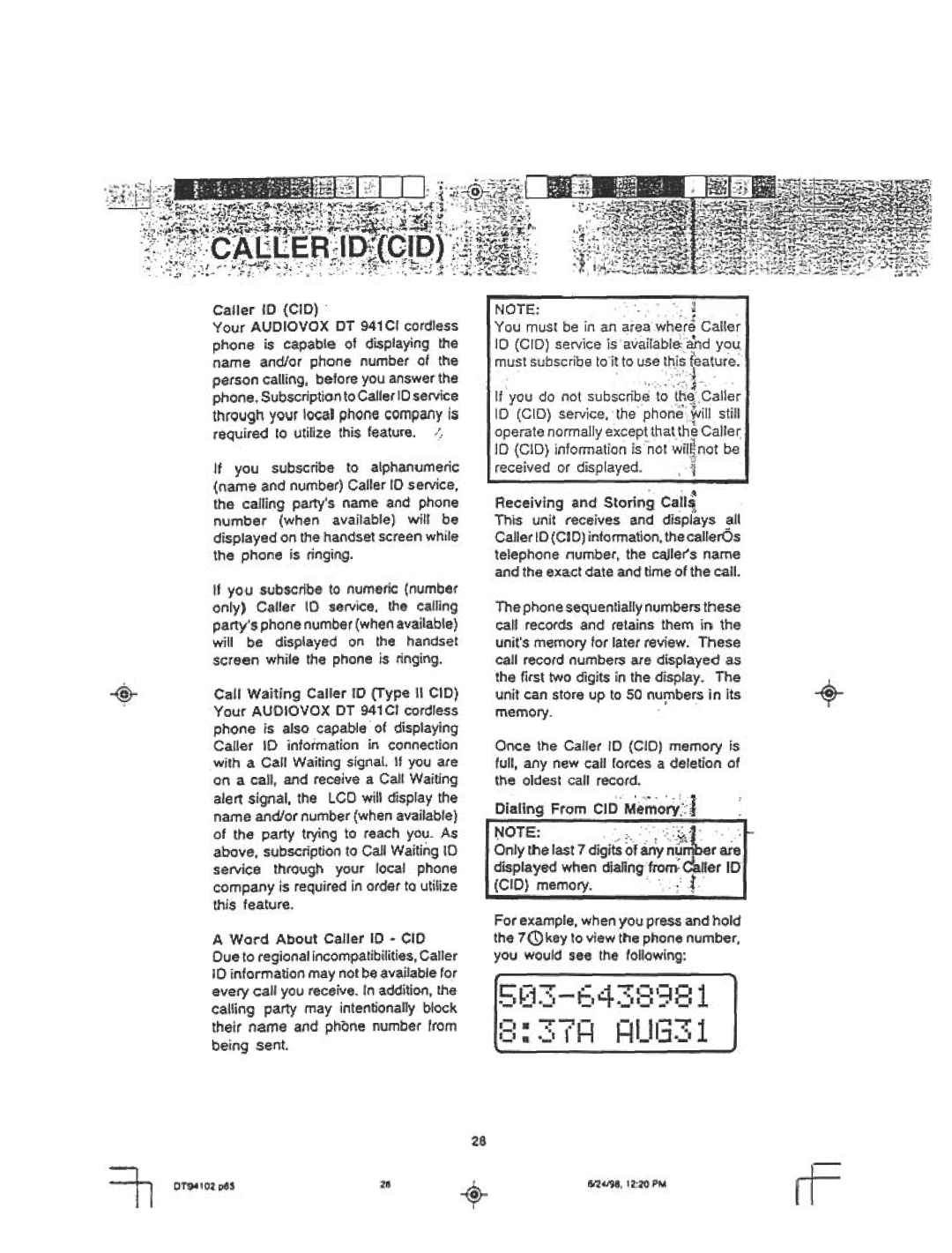 Audiovox DT 941 CI If you subscribe to alphanumeric, Name and number Caller ID service, Calling partys name and phone 