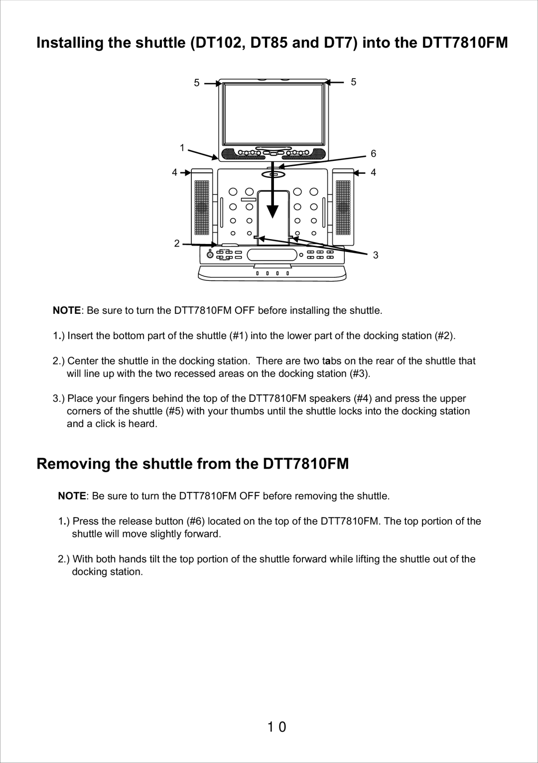 Audiovox DT7, DT85, DT102 operation manual Removing the shuttle from the DTT7810FM 