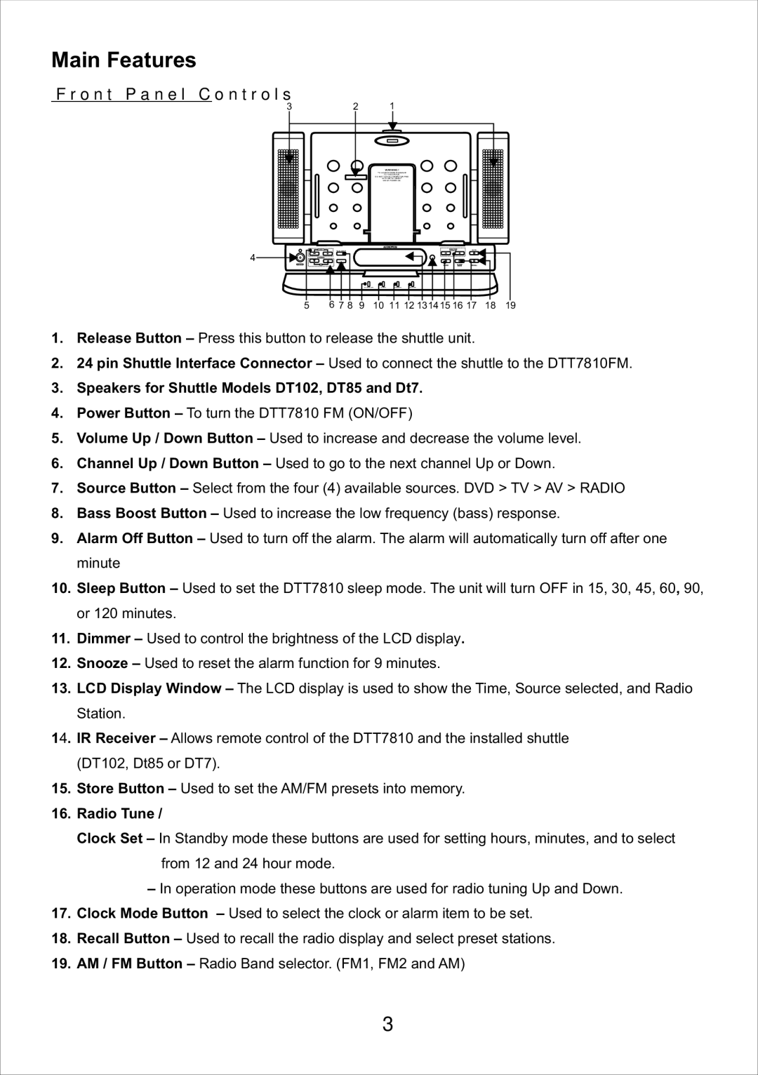 Audiovox DT7, DTT7810FM operation manual Speakers for Shuttle Models DT102, DT85 and Dt7, Radio Tune 