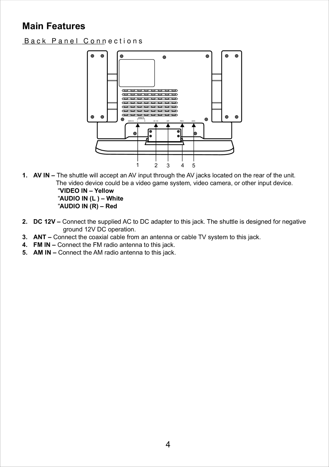 Audiovox DT102, DT7, DT85, DTT7810FM operation manual Back Panel Connections, Video in Yellow Audio in L White Audio in R Red 