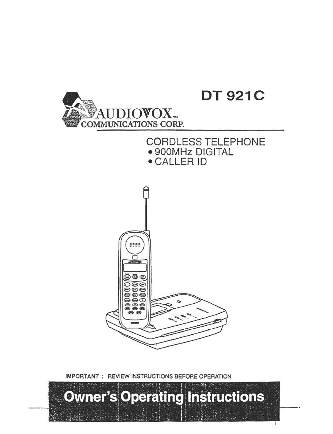 Audiovox DT921C manual Cordlesstelephone, 900MHzDIGITAL, Callerid Important Review Instructions Before Operation 