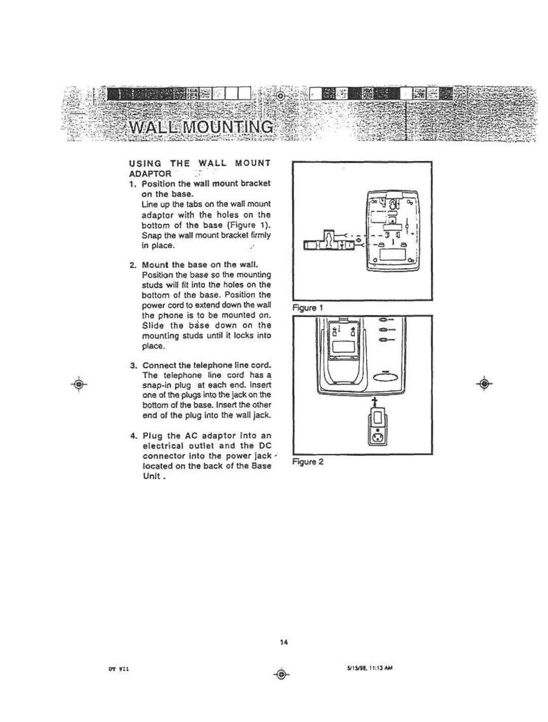 Audiovox DT921C manual US1NG Wall Mount Adaptor 