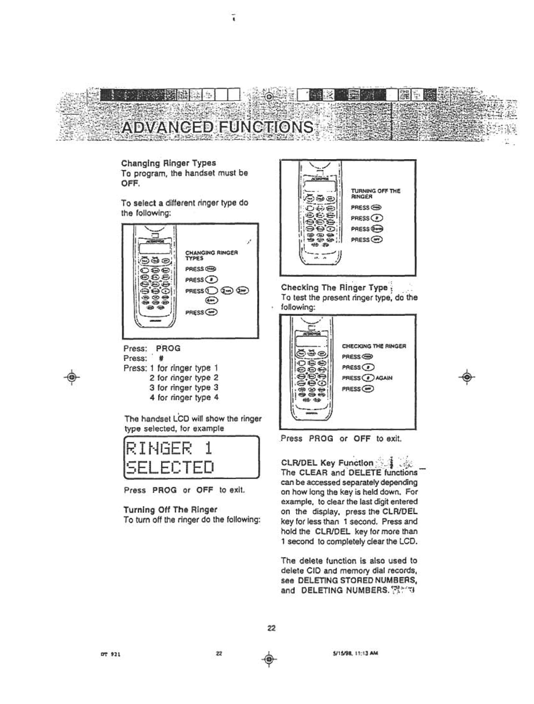 Audiovox DT921C manual Changing Ringer Types To program, the handset must be OFF, Ili~I, ~.~e j 