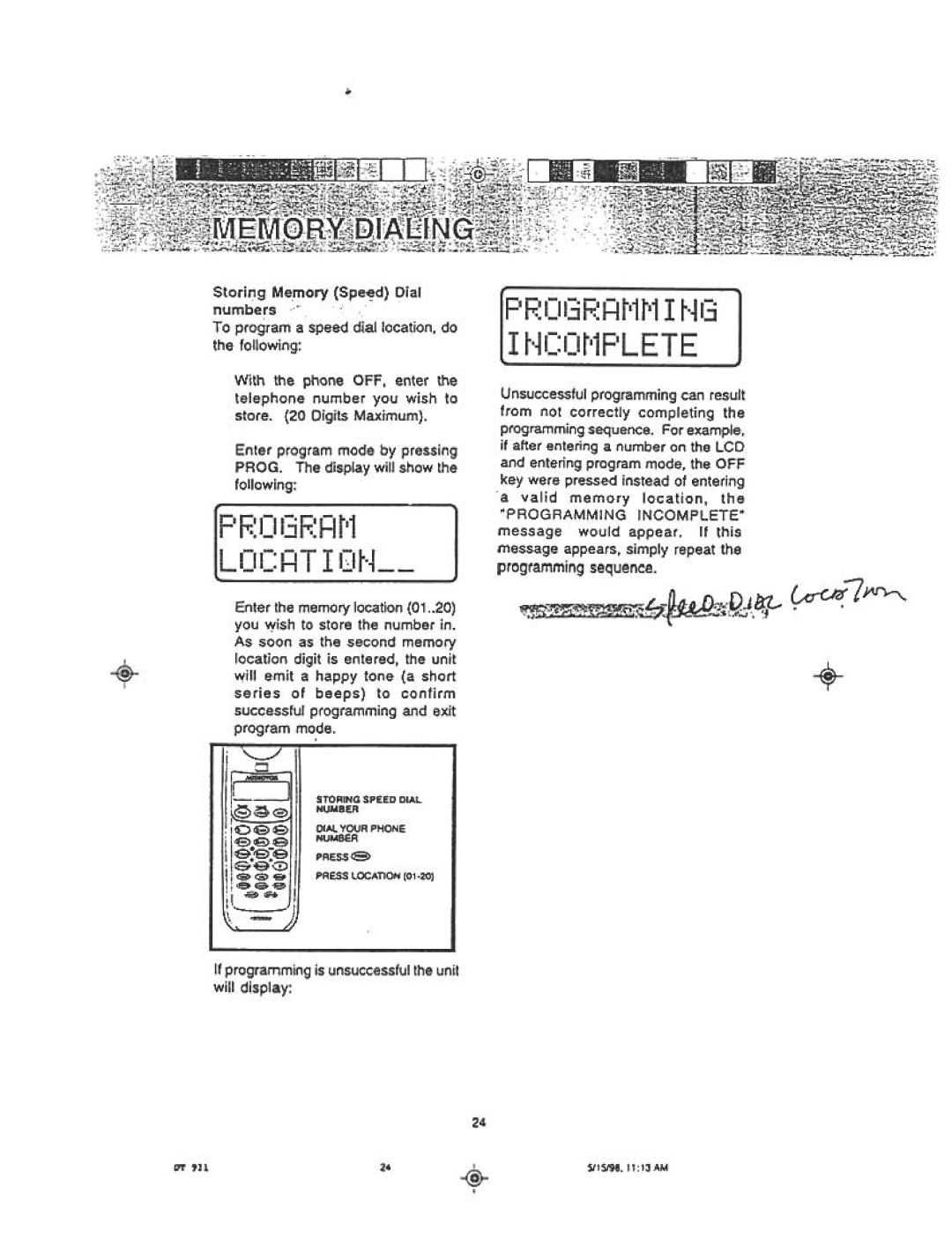 Audiovox DT921C manual If programming is unsuccessful the unit will display, Programming Incomplete 