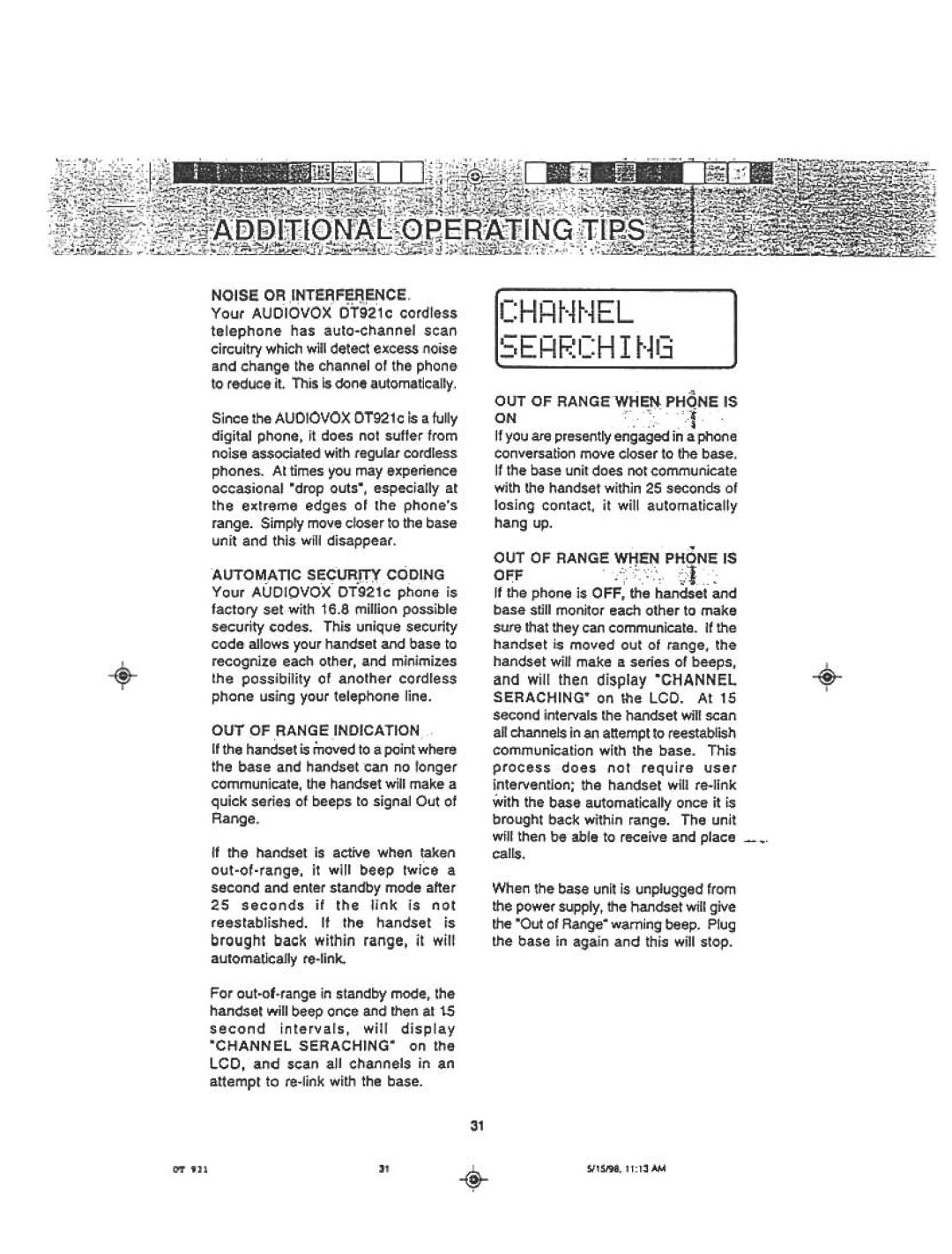 Audiovox DT921C manual OUT of Range Indication, OUT of Range WHEN. Phqneis, Channel Seraching 