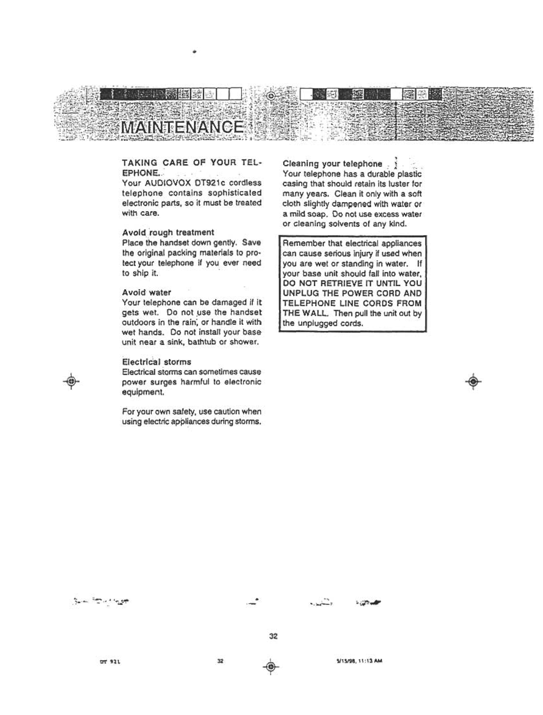 Audiovox DT921C manual Taking Care of Your TEL- EPHONE~ 