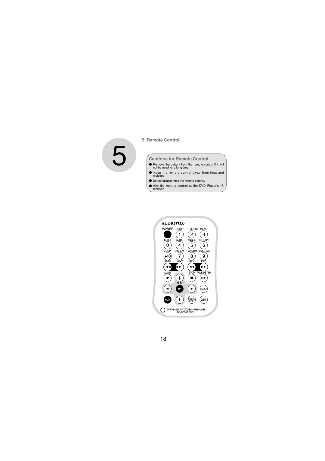 Audiovox DV-1680 manual Remote Control 