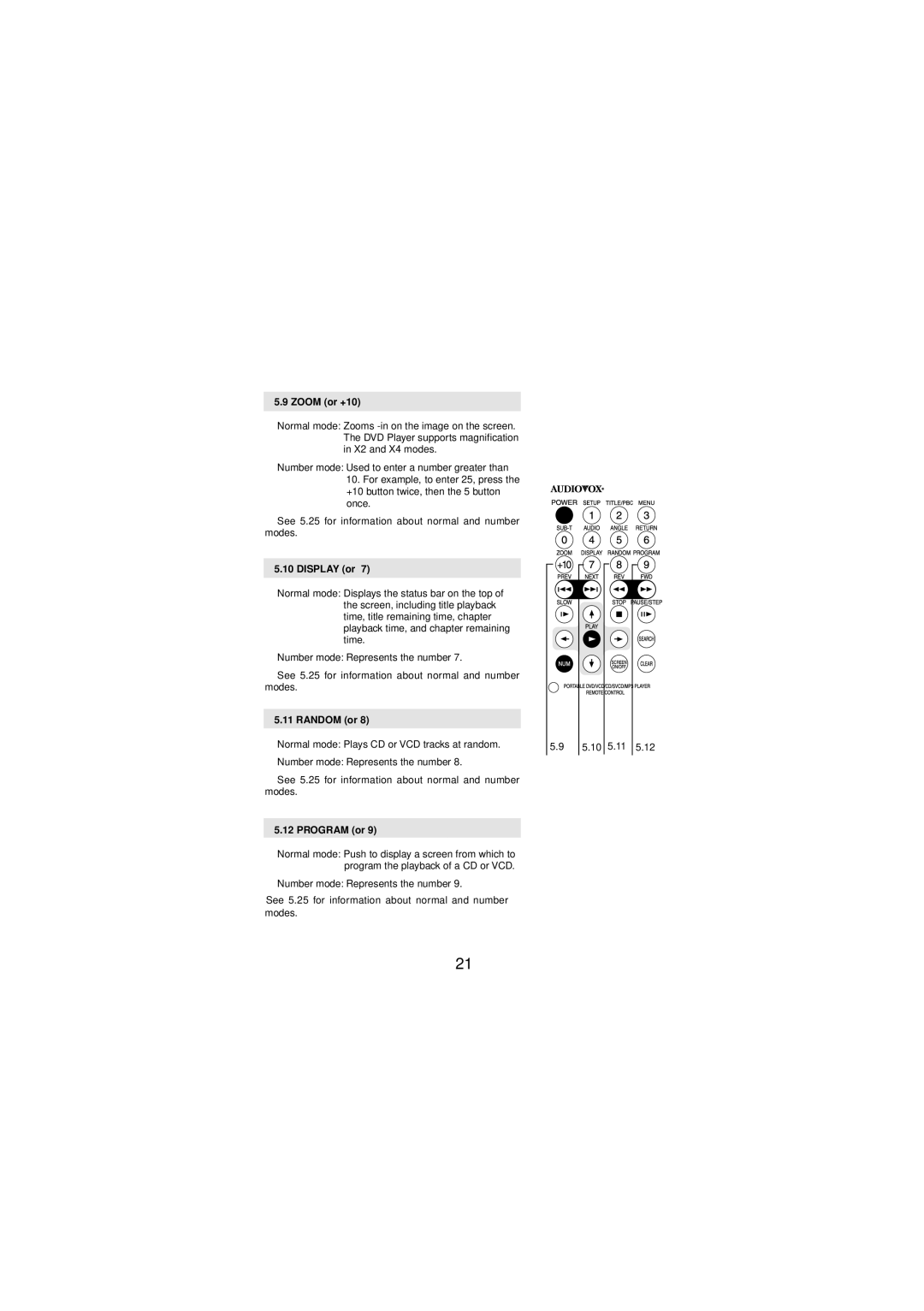 Audiovox DV-1680 manual Zoom or +10, Display or, Random or, Program or 